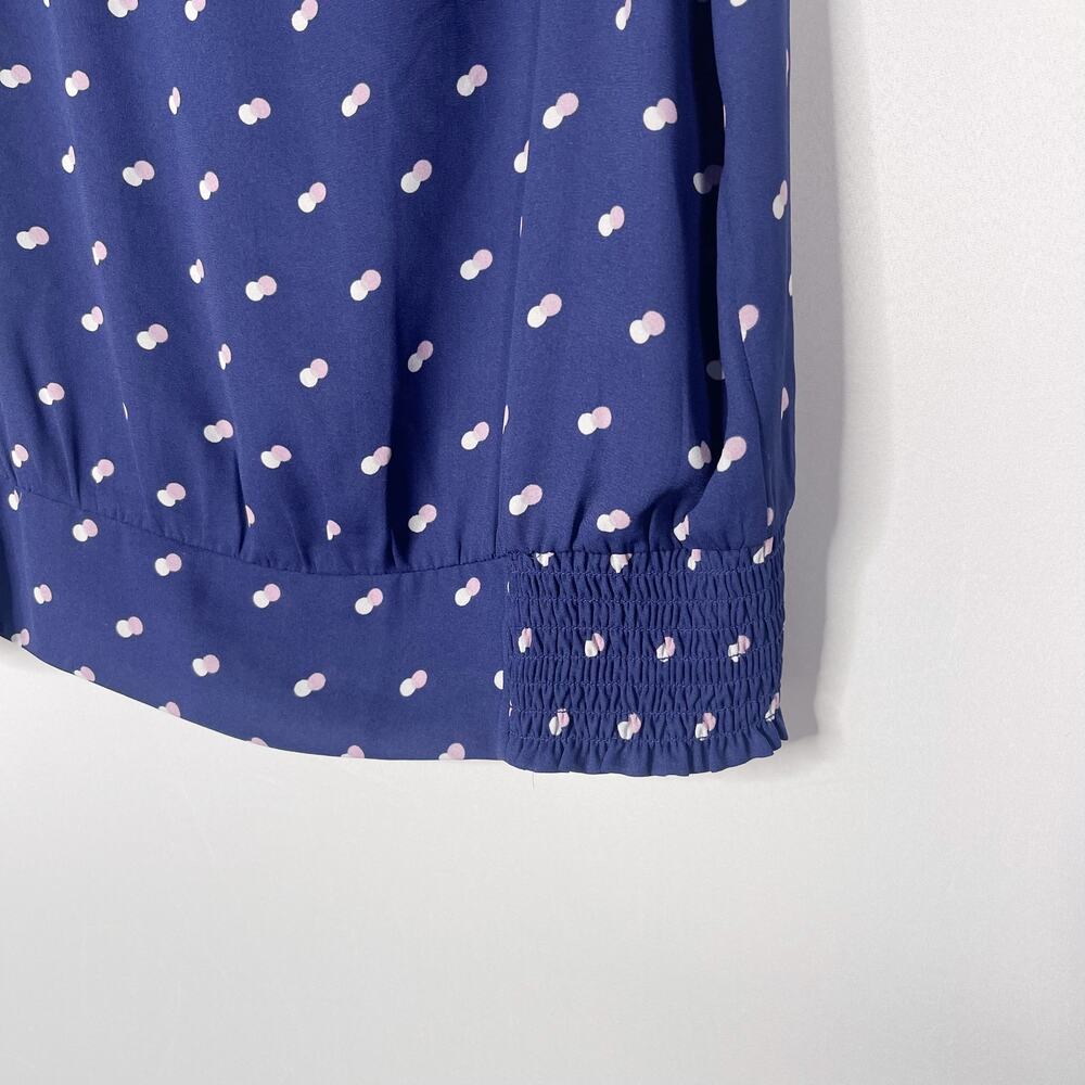 Ann Taylor Large L Blue Polka Dot Flutter Sleeve V Neck Blouse Top Cinch Hem - Picture 4 of 8